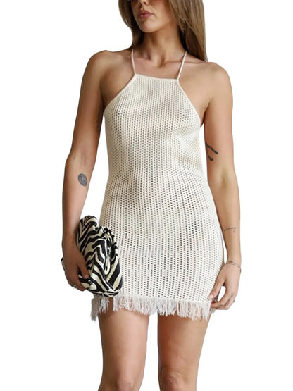 Mini vestido de punto con cuello halter para mujer, sin mangas, sin espalda, con borlas de ganchillo, vestido corto ajustado, vestido de playa de verano