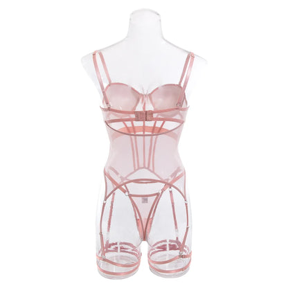 Conjuntos de lencería para mujer, ropa interior femenina acolchada, conjunto de Tanga transparente, corsé de encaje con realce, Liga superior Wanita