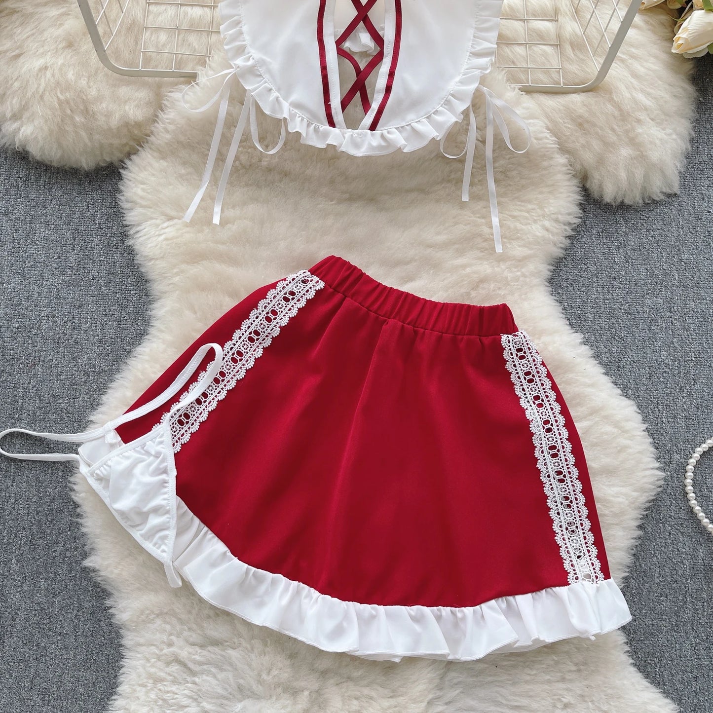 Maidservant Cosplay   Suits Female Hollow Out Drawstring Top+Mini Lace Skirt+Thongs Sweet Sexy Night Sets Wanita