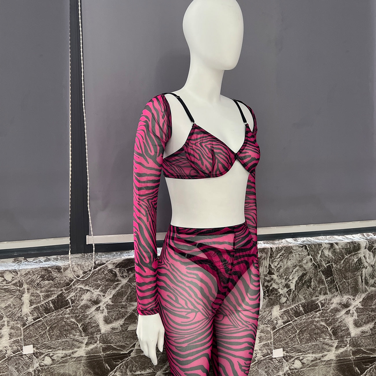 Zebra-Dessous für volles Crop-Top, enges Outfit, transparente transparente Spitze, nahtlose Intim-String-Slip-Sets