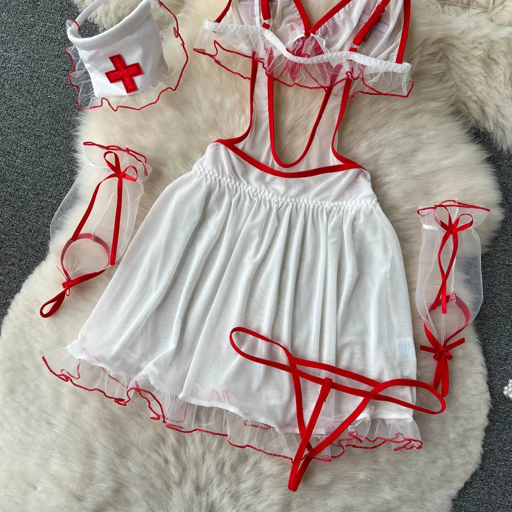 Wanita Krankenschwester Cosplay Mesh Sexy Nachtwäsche Frauen Strap Elastische Mini Pyjamas Kleid + Tangas Rückenfreies Sinnliches Nachtkleid