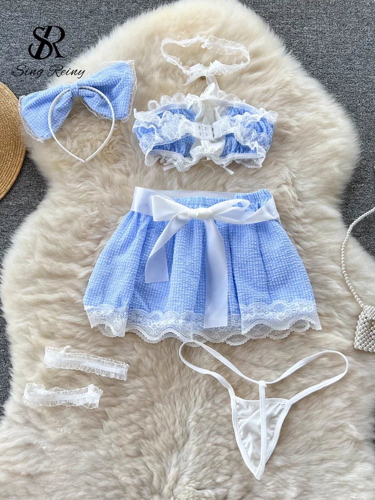 2023 Cosplay  Three Pieces Sets Ladies Strapless Mini Camis+A Line Skirt+Thongs Sweet Lace Plaid Sexy Nightsuits Wanita