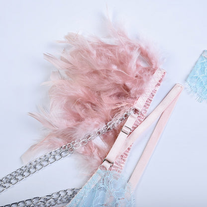 Lencería de plumas para mujer, ropa interior sin censura, sujetador de 18 tul con cadena transparente, trajes de liga de encaje delicados