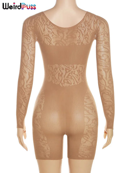 Mono Sexy Weird Puss para mujer, mono transparente con diamantes huecos, mono fino de manga larga para verano, ropa elástica para fiesta de medianoche y discoteca, entrenamiento