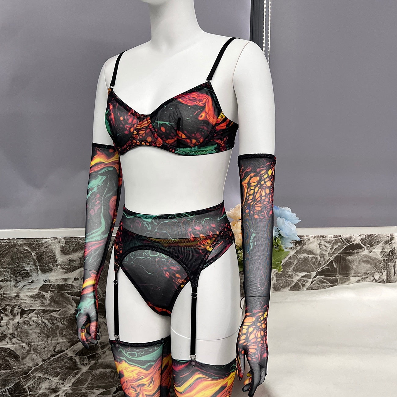 Batik-Dessous mit Strumpfärmeln, sexy, ausgefallene Unterwäsche, 5-teilige, unzensierte, intime, durchsichtige, sinnliche Mesh-Outfits