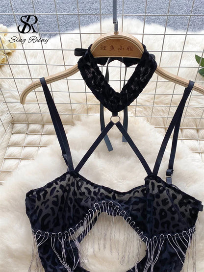 Leopard Print Sheer Sexy Dress Women Strap Hollow Out Slim Sensual Nightwear+Thongs Tassel Backless  Night Dress Wanita