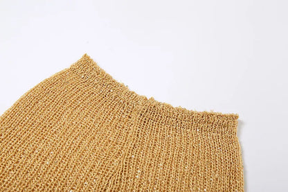 Gold Pailletten Halfter Kapuze Sexy Hohl Gestrickte Tank Tops und Shorts 2 Stück Set Frauen Rückenfreie Sommer Club Party Outfits