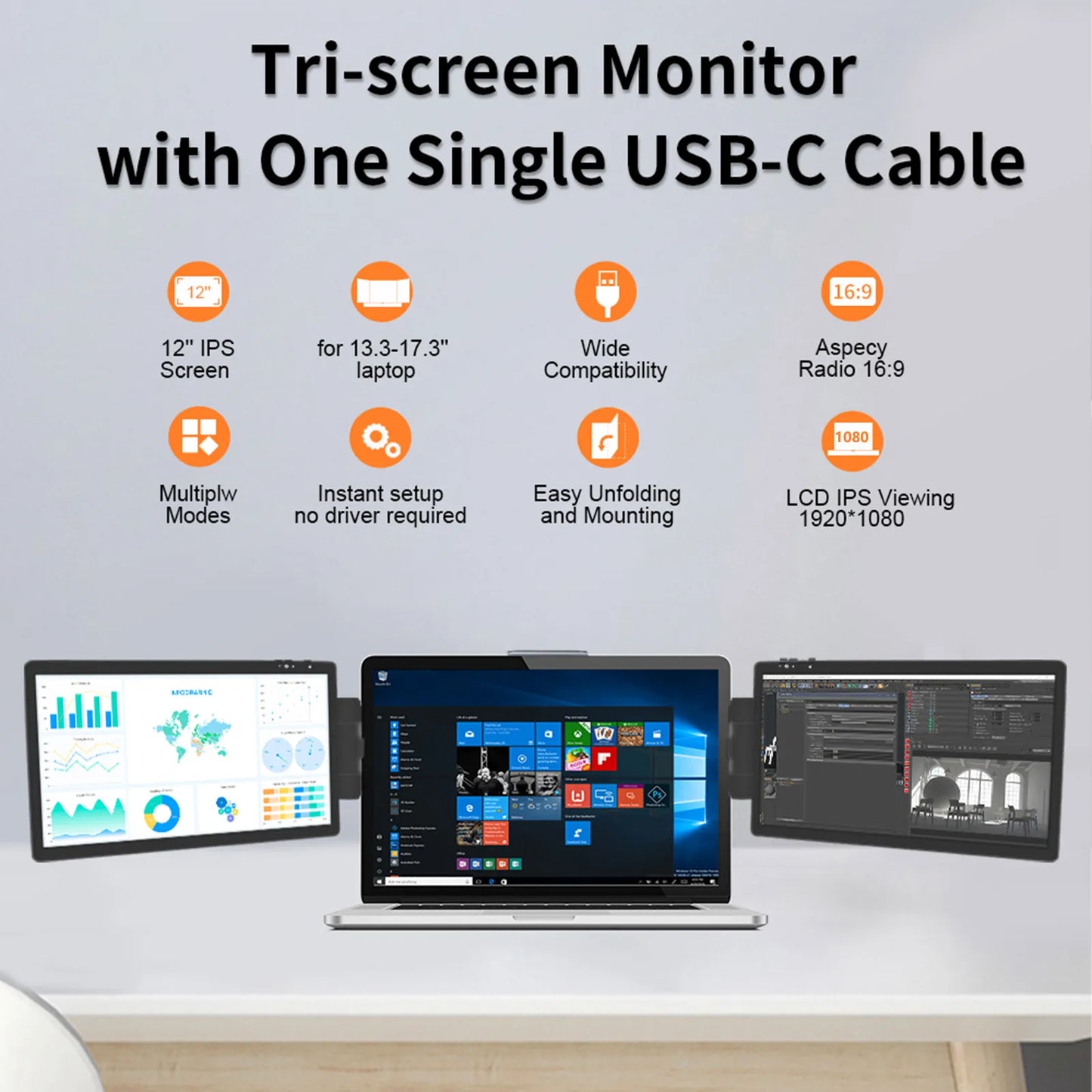 Monitor portátil Original para ordenador portátil, monitor Triple desmontable de 12 "con soporte, pantalla extensora Dual 1080P HDR IPS para 13-16,5