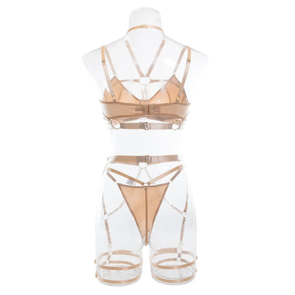 Conjuntos de lencería con cuello Halter para mujer, ropa interior de lujo con cadena, Tanga, cadena fina, conjunto de sujetador, transparente, íntimo y Sexy