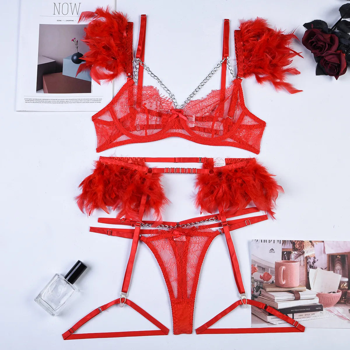 Feder-Dessous-Sets für Damen, luxuriöses G-String-Spitzenunterwäsche-Set, sexy BH und Höschen-Set mit Kettenstrumpfband, Intim