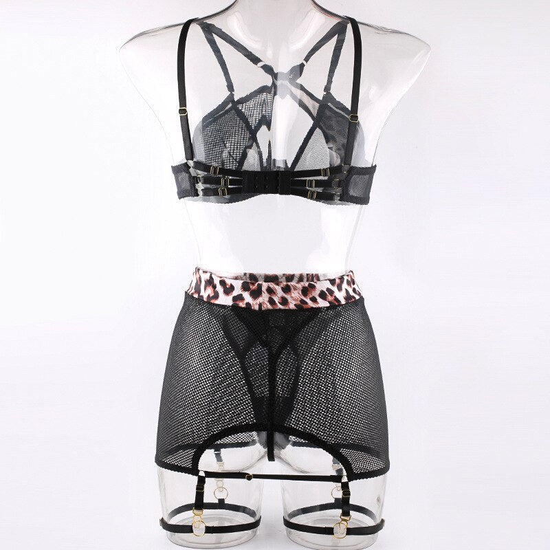 Leopard Cross Bra Lingerie Sheer Lace Fancy Underwear 4-Piece Sissy See Through Bilizna Set With Dress Luxury Intimate