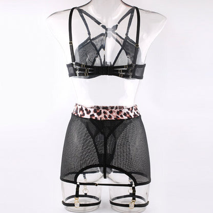 Leoparden-Kreuz-BH, Dessous, schiere Spitze, ausgefallene Unterwäsche, 4-teiliges Sissy-See-Through-Bilizna-Set mit Kleid, luxuriös, intim