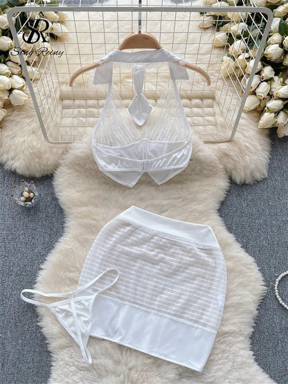 Conjunto de tres piezas Sexy de noche para mujer, camisola transparente con cuello Halter, minifalda y tangas, trajes coreanos de encaje con espalda descubierta Wanita 2023