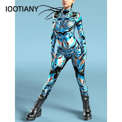 Multicolour Skeleton Printed Costume Woman Front Zipper Zentai Bodysuit Halloween Party Jumpsuits Carnival Holiday Show Outfit