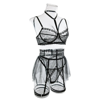 Rüschen Sexy Dessous-Sets für Frauen Spitze Patchwork Fancy Unterwäsche BH Tanga Strumpfband Outfit Transparent Luxus Intim