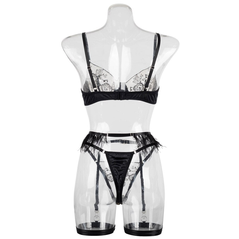 Feder sinnliche Dessous Blumenstickerei Unterwäsche schiere Spitze Set Strumpfbänder nahtlose Sissy Outfit