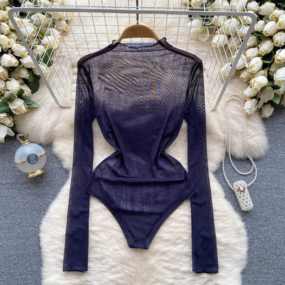 Fashion Sheer Mesh Sexy Bodysuits Women Transparent Open Crotch Rompers Fashion American Retro Print Slim Playsuits Wanita