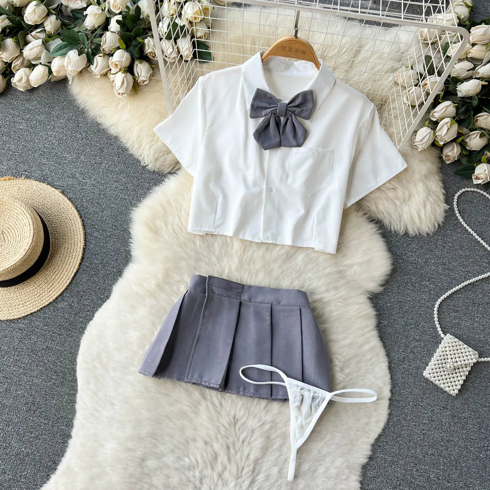 Cosplay   Outfit Women Lapel Neck Short Shirt+Plaid Mini Skirt+Thongs  2023 Preppy Style Sexy Nightwear Wanita