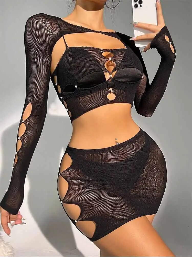 Knit Matching Sets Women Long Sleeve Crop Top Skirt Set See Through Club Party Suits Cut Out Two Pieces Sets Sexy Outfits Black