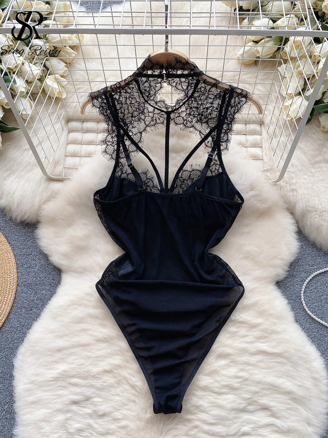 Fashion Mesh Lace Bodysuits Hook Flower Hollow Transparent Backless Slim Sexy Rompers Women Sheer Sensual Playsuits Wanita