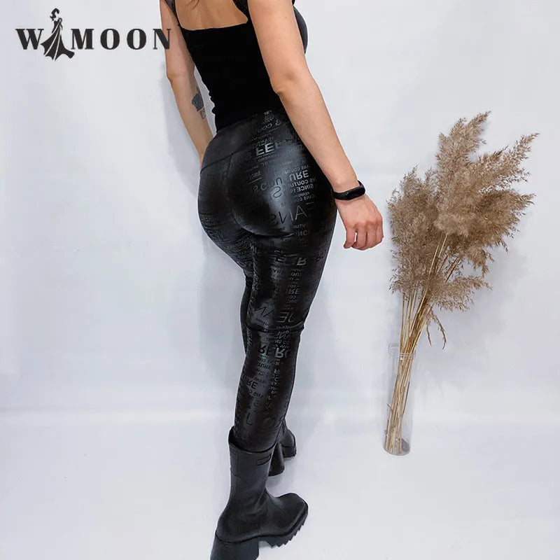 Letter Graffiti Elasticity Leather Leggings High Waist Women Autumn Winter Warm Slim Fleece Leggings Motorcycle PU Pencil Pants