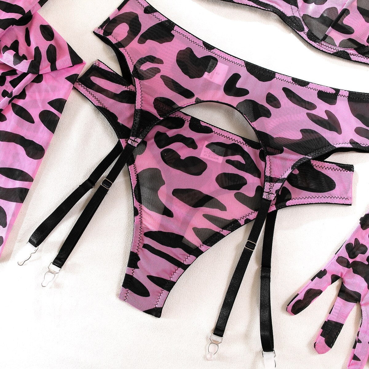 Lencería de leopardo con guantes de media, ropa interior sin costuras, conjunto de liguero Sensual, trajes sexys íntimos rosa