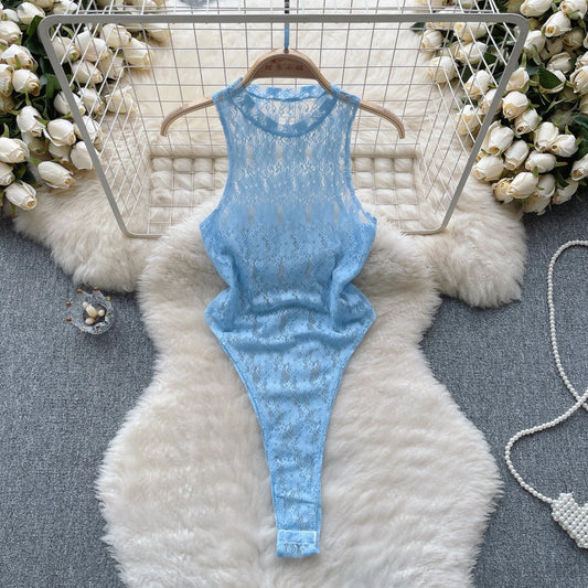 Wanita Transparent Lace Bodysuits O Neck Sleeveless Open Cortch Sensual Slim Nightwear 2023 Women Sheer  Sexy Playsuits