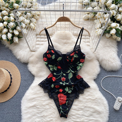 Senior Floral Lace Bodysuits Women Spaghetti Strap Embroidery Slim Sexy Rompers Fashion Mesh Sheer Sensual Playsuits Wanita