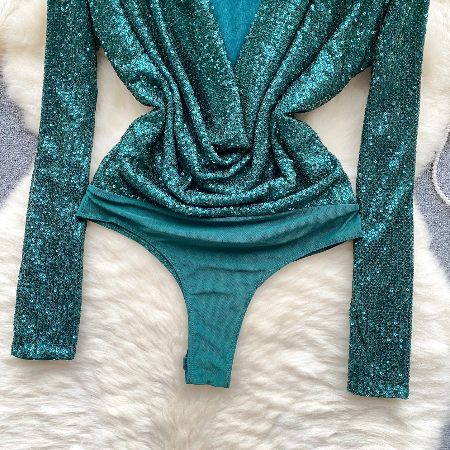 Senior Women Sheath Sexy Bodysuits Long Sleeved Backless Open Crotch Shapewear 2023 Fashion Sequins Night Club Outfit Wanita