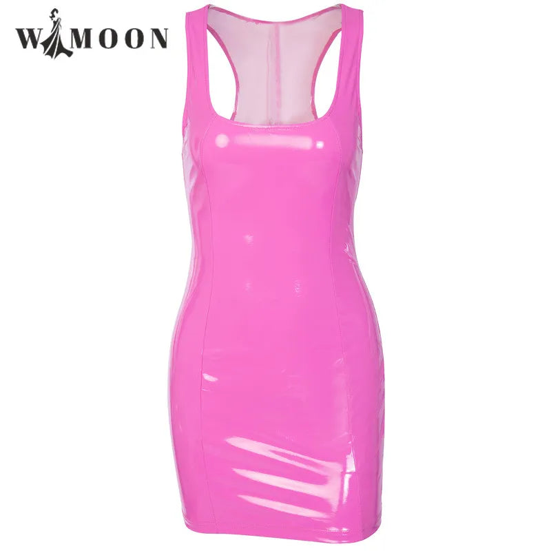 Rosa TANK Leder Dünnes Kleid Frauen Sommer Nachtclub Party Sexy Ärmellose Schlanke Quadratische Kragen Straße Bodycon PU Mini Bleistift Kleid