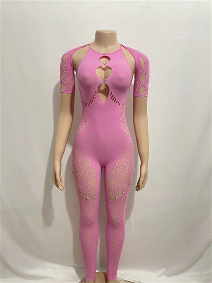 Trajes de verano, ropa de calle, monos de mujer de manga corta, mono ajustado, mono ajustado de malla rosa transparente, monos de una pieza