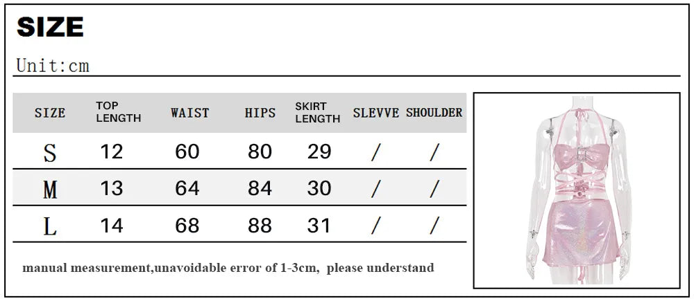 Glitzerndes rosa Schmetterlings-rückenfreies Neckholder-Crop-Top, 2-teiliges Röcke-Set für Frauen, sexy Cross-Rave-Outfits, Y2K-Rock-Anzug