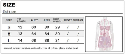 Glitzerndes rosa Schmetterlings-rückenfreies Neckholder-Crop-Top, 2-teiliges Röcke-Set für Frauen, sexy Cross-Rave-Outfits, Y2K-Rock-Anzug