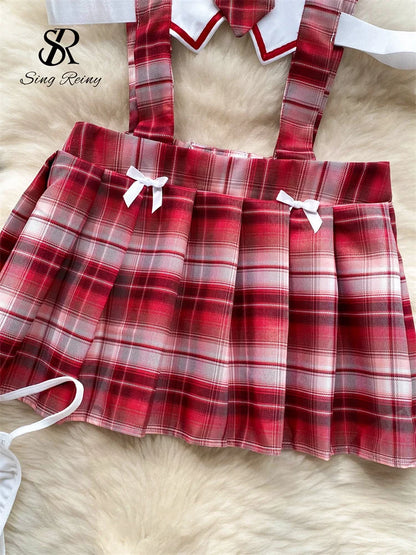 Preppy Style Cosply  Outfit Women Plaid Hollow Out Slim Sexy Nightdress Backless Pleated Hotsweet  Nightwear Wanita