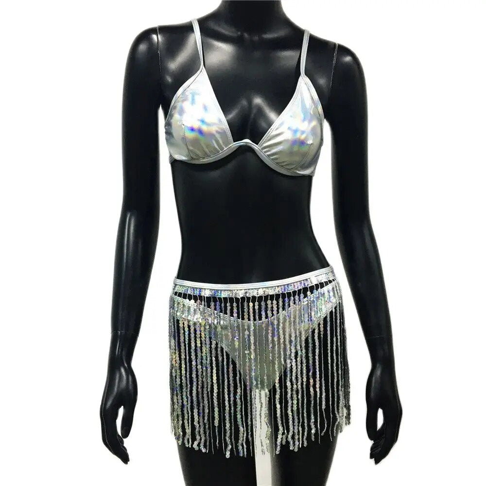 Traje holográfico con purpurina y lentejuelas para fiesta de música, minifalda con flecos, tangas sexis, ropa de calle, fiesta, Club, Bikini para mujer, conjunto de 3 uds.