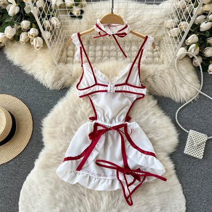 Wanita Cosplay Maid Uniform Sexy Nightdress Halter Backless Hollow Out Bow Mini Dress+Thongs   Mini Nightwear suits