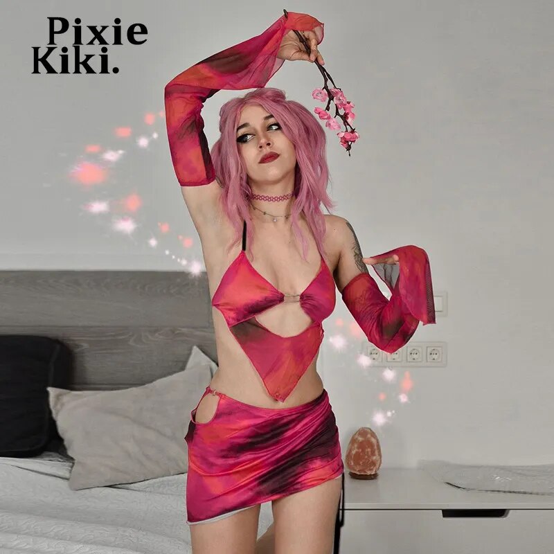 PixieKiki Sexy Zweiteiler-Set, offener Rücken, Neckholder, Crop-Top, Miniröcke, Damen, 2023, Club-Kleidung, Rave-Outfit, Festival-Kleidung, P85-BE17