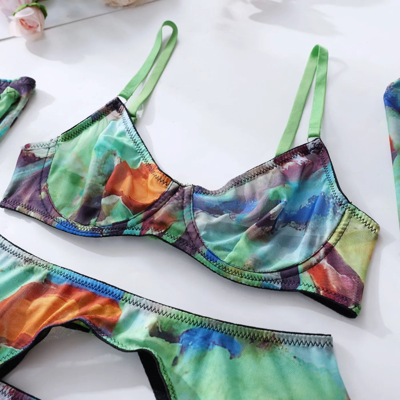 Tie-Dye-Dessous mit Strümpfen, Handschuhen, Ärmel, sexy Unterwäsche, 5-teiliges, intimes, durchsichtiges, sinnliches Mesh-Outfit