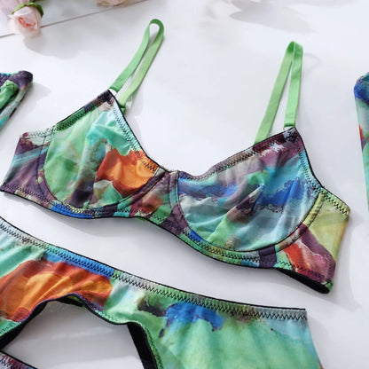 Tie Dye Lingerie With Stocking Gloves Sleeve Sexy Underwear 5-Piece Intimate See Through Mesh Sensual Outfit