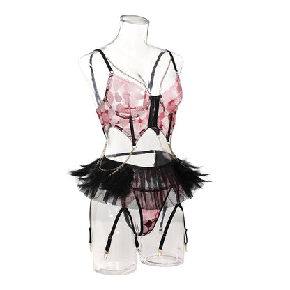 Feather Ruffle  Lingerie Heart-Shaped Bra With Chain Luxury Garter Belt Set Fairy Underwear Front Buckle Outfit