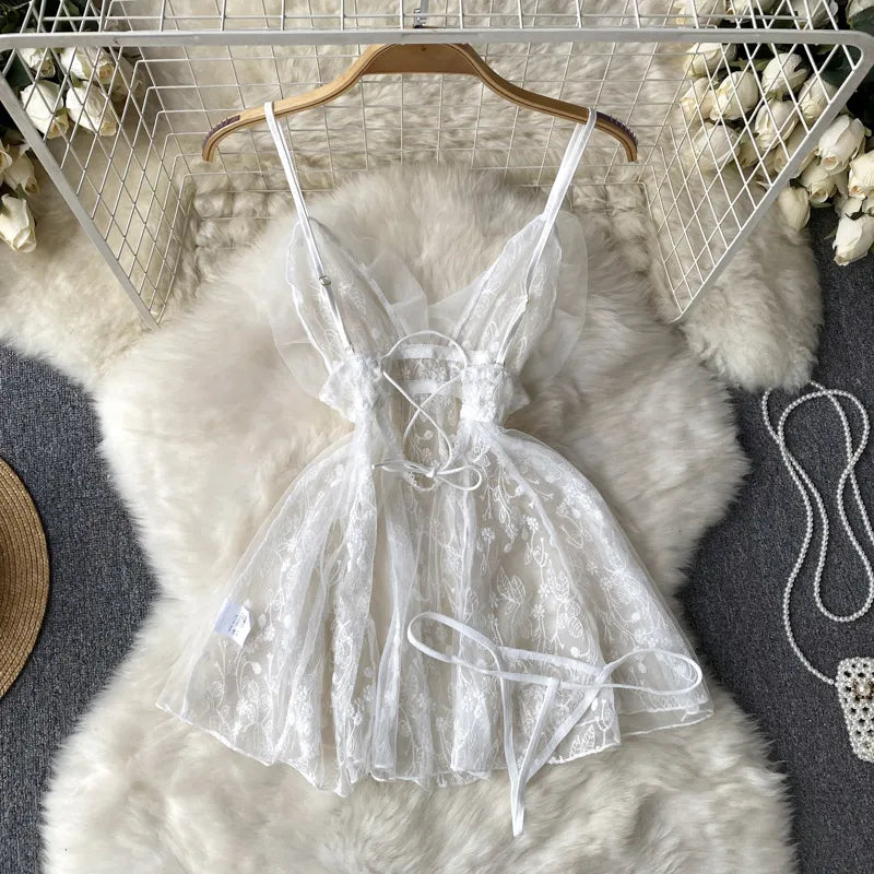 Women Strap Mesh Sensual Night dress Sleeveless Floral Embroidery Sheer  Dress+Thongs 2023 Hotsweet Lace Nightwear Wanita