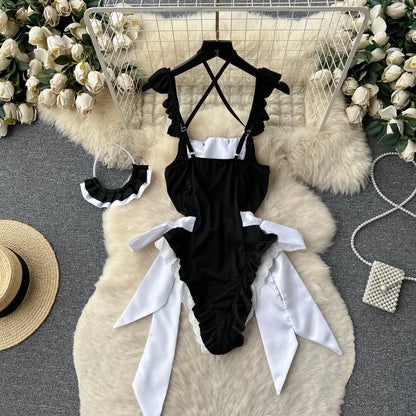 Maidservant Cospaly Sexy Playsuits Women Strap Ruffles Lace Sweet  Nightwear Backless Sensual  Bodysuits Wanita