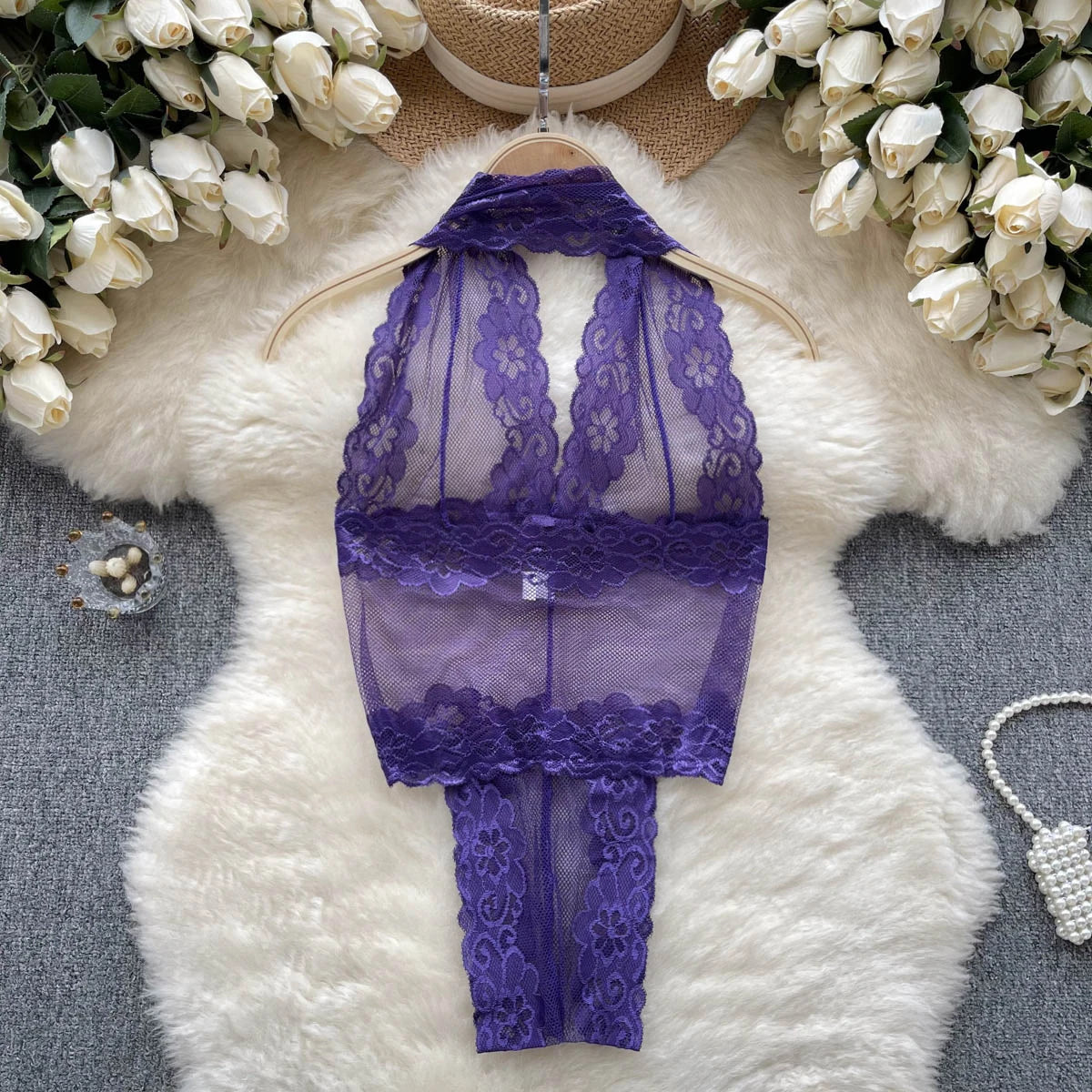 Body transparente de encaje Floral para mujer, ropa de dormir con cuello Halter, monos sexis transparentes con espalda descubierta de malla para mujer Wanita 2023