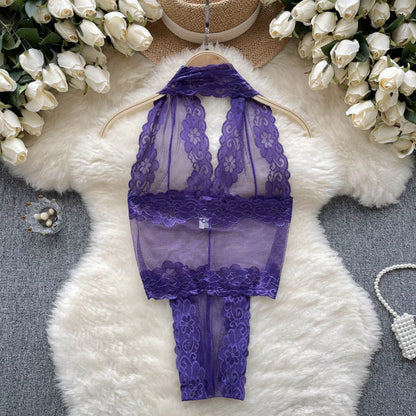 Transparent Floral Lace Bodysuits Women Halter   Nightwear 2023 Ladies Mesh Backless Sheer Sexy Playsuits Wanita