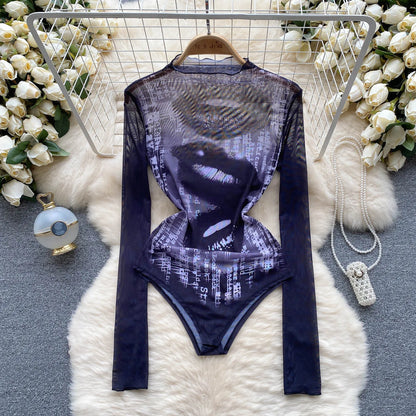 Fashion Sheer Mesh Sexy Bodysuits Women Transparent Open Crotch Rompers Fashion American Retro Print Slim Playsuits Wanita