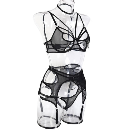 Sensual Lingerie Sexy Cut Out Bra Set Woman 4-Pieces  Brief Sets Lace Underwear Garters  Costumes