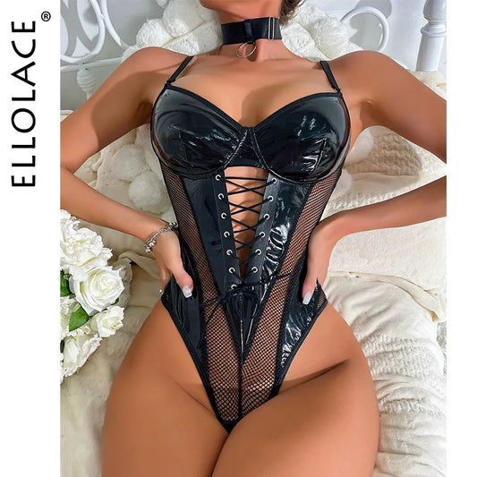 Latex Bodysuit Sexy Lace Up Hollow Tops Black Patchwork  PU Body Sissy Leather Crotchless Tight