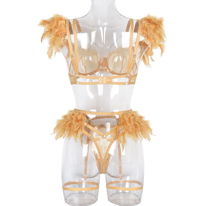 Lencería de plumas, ropa interior Sexy para mujer, sujetador transparente, cadena de Metal, encaje, conjunto de 3 piezas, íntimo de lujo