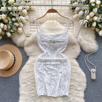 Sheer Sensual Mini Strap Dress Women Hollow Out  Sexy Slim Streetwear 2023 Mesh Lace  o Nightdress Wanita