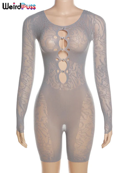 Mono Sexy Weird Puss para mujer, mono transparente con diamantes huecos, mono fino de manga larga para verano, ropa elástica para fiesta de medianoche y discoteca, entrenamiento